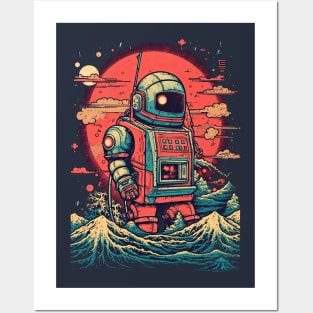 Robot crashing through the waves Posters and Art